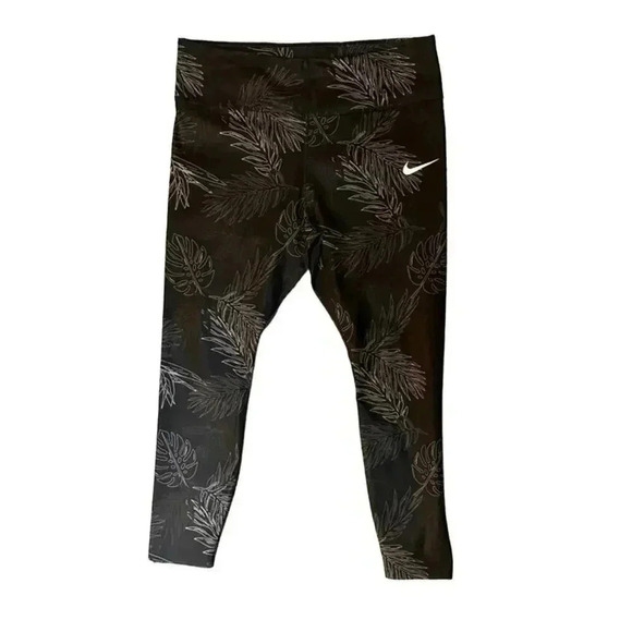 NIKE Women's Dri-Fit Mid-Rise 7/8 Leggings Black with Palm/Leaf Pattern - XL‎ - Picture 1 of 8